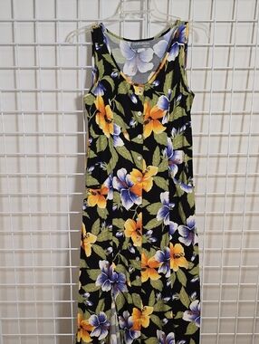 Carol Anderson Vintage  Black Floral Tropical Maxi Dress Button Front Size 12
